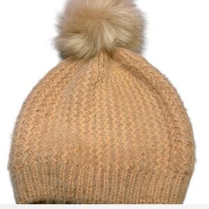 Ann Taylor Factory Faux Fur Pom-Pom Knit Beanie - Camel/Peachy Color